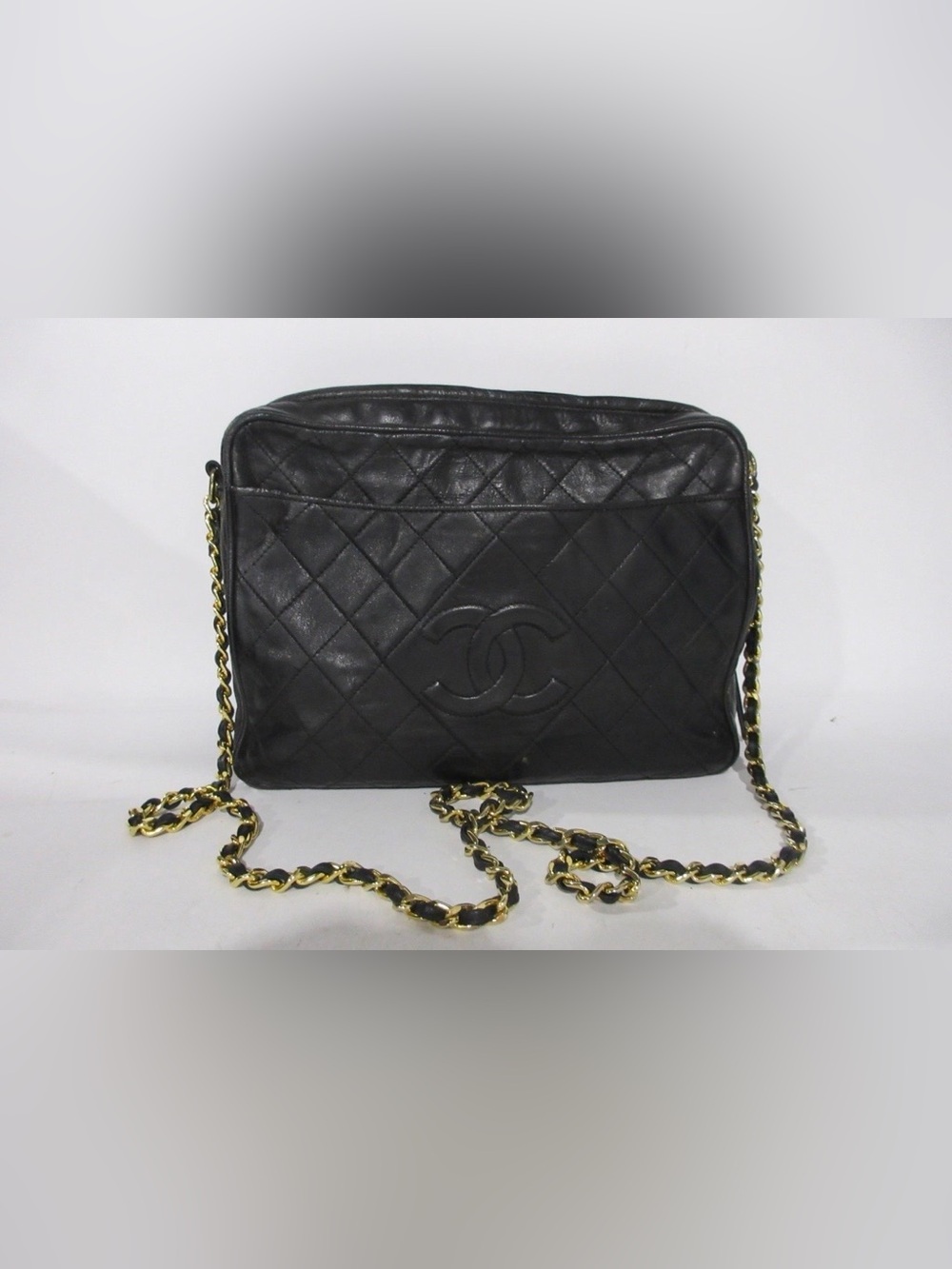 Authenticated CHANEL Black Quilted Leather Shoulder Bag with Gold Chain Strap